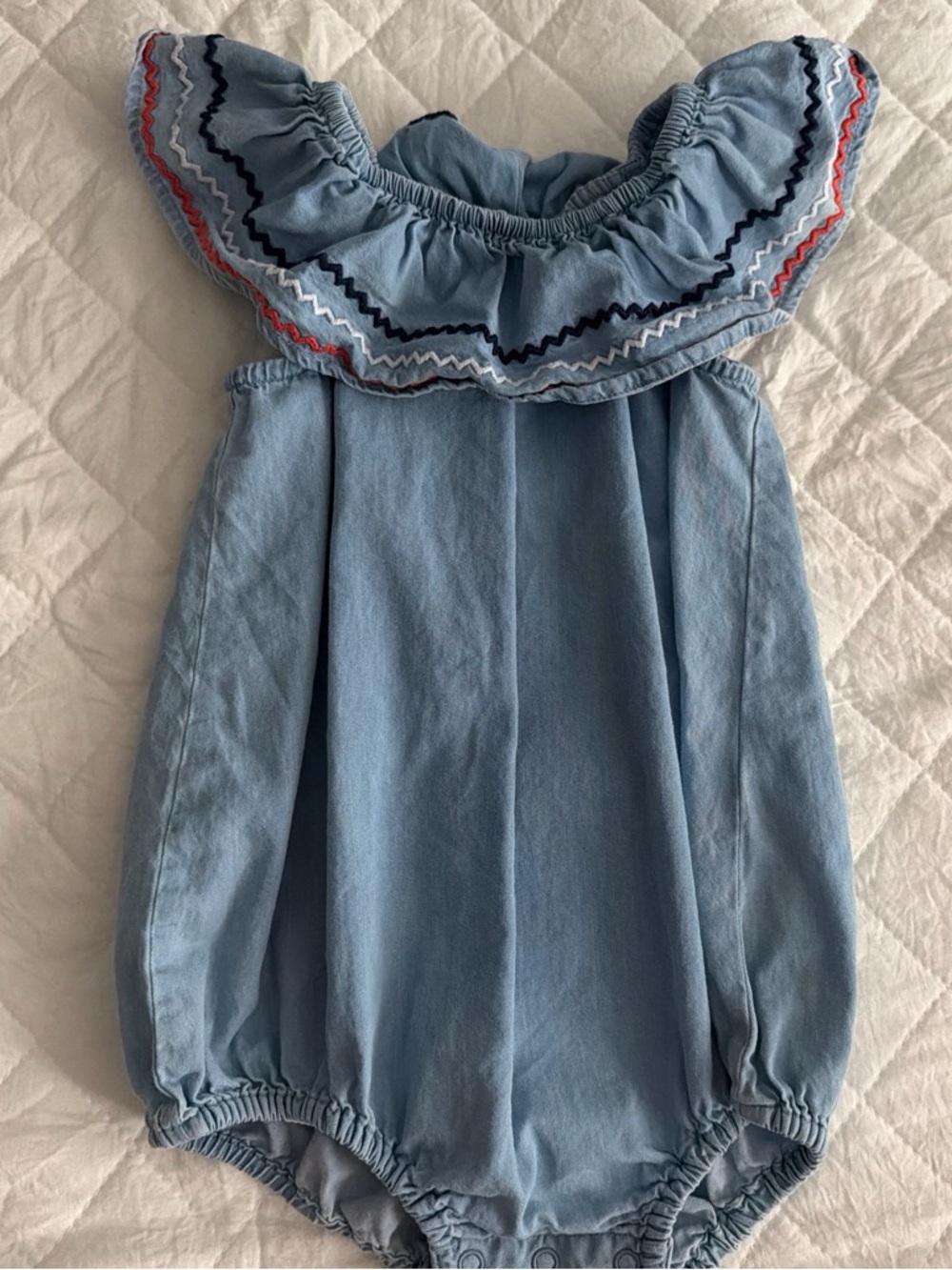 CROWN & IVY Light Blue Chambray Off-Shoulder Baby Romper with Embroidered Ruffle